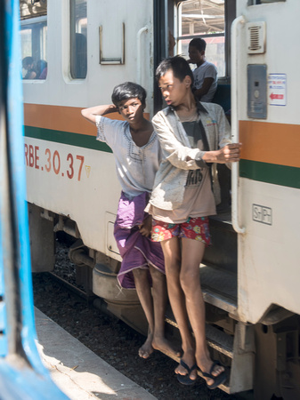 On a moving train in Yangon, Myanmar